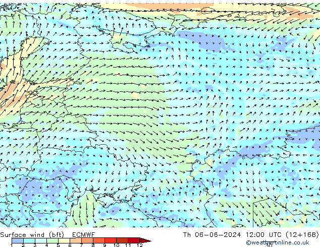 Surface wind (bft) ECMWF Čt 06.06.2024 12 UTC