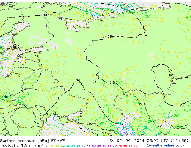 Isotachs (kph) ECMWF Su 02.06.2024 06 UTC