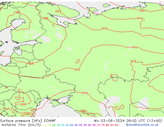 Isotachs (kph) ECMWF  03.06.2024 06 UTC