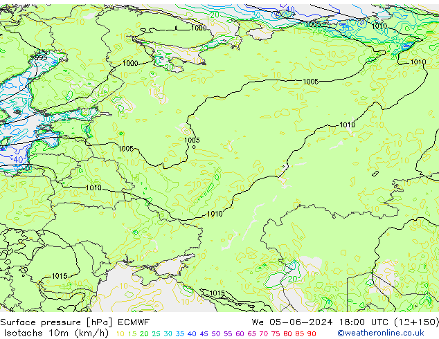Isotachen (km/h) ECMWF Mi 05.06.2024 18 UTC