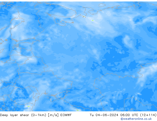 Deep layer shear (0-1km) ECMWF Út 04.06.2024 06 UTC