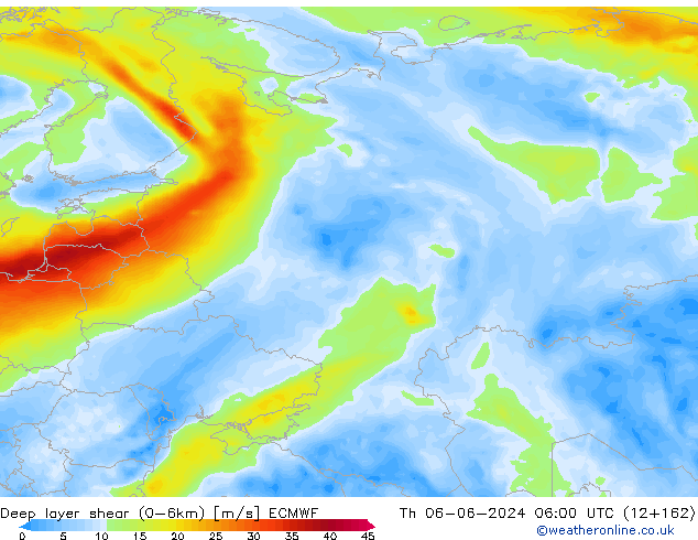 Deep layer shear (0-6km) ECMWF gio 06.06.2024 06 UTC