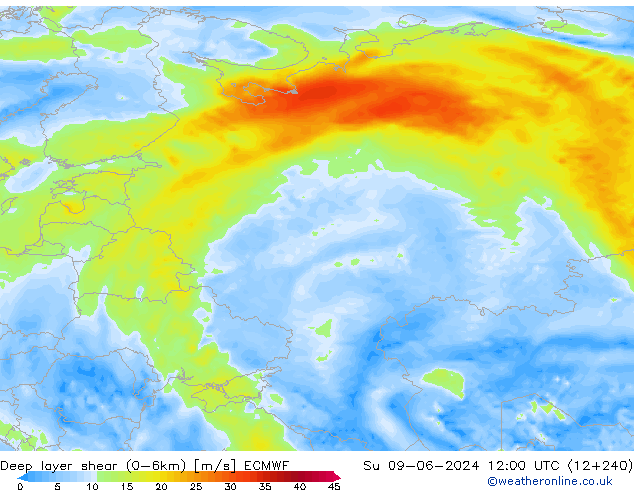 Deep layer shear (0-6km) ECMWF Dom 09.06.2024 12 UTC