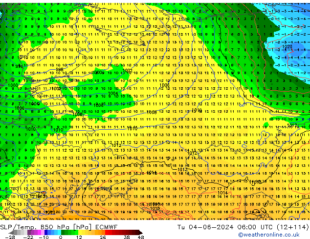 SLP/Temp. 850 hPa ECMWF Út 04.06.2024 06 UTC