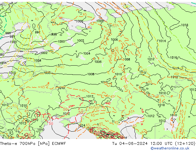 Theta-e 700hPa ECMWF Tu 04.06.2024 12 UTC