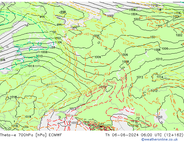 Theta-e 700hPa ECMWF gio 06.06.2024 06 UTC