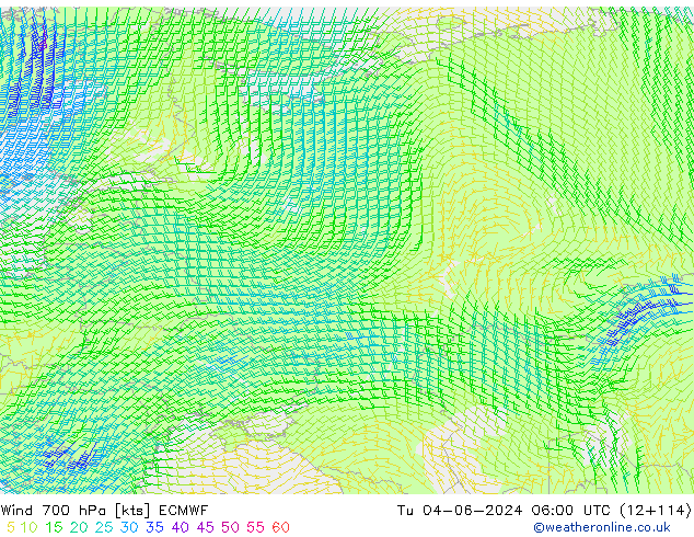 wiatr 700 hPa ECMWF wto. 04.06.2024 06 UTC