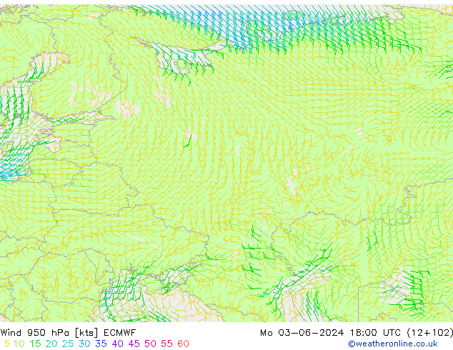 wiatr 950 hPa ECMWF pon. 03.06.2024 18 UTC