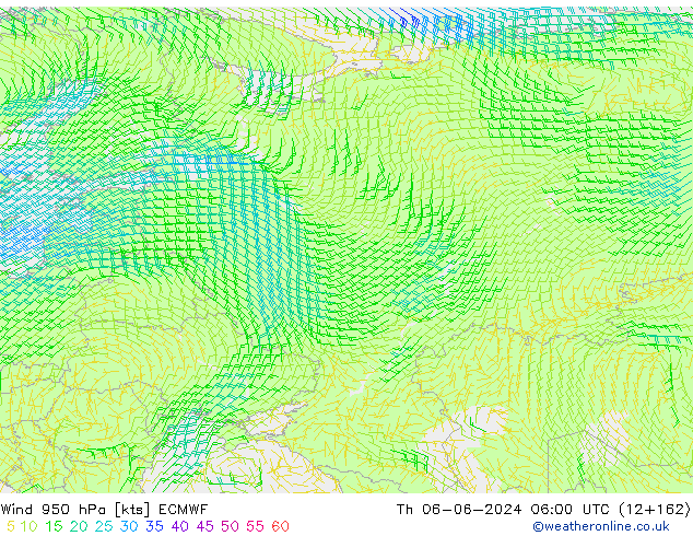 Wind 950 hPa ECMWF Čt 06.06.2024 06 UTC