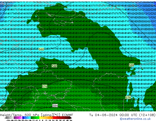 Hoogte/Temp. 500 hPa ECMWF di 04.06.2024 00 UTC