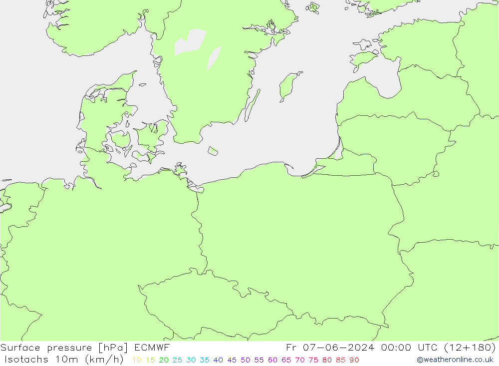 Isotachs (kph) ECMWF ven 07.06.2024 00 UTC