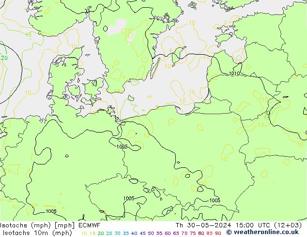 Isotaca (mph) ECMWF jue 30.05.2024 15 UTC