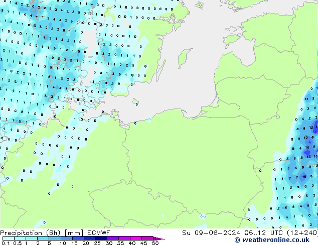 Precipitation (6h) ECMWF Ne 09.06.2024 12 UTC