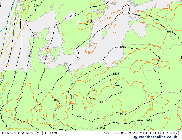 Theta-e 850hPa ECMWF Sa 01.06.2024 21 UTC