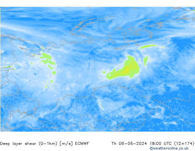 Deep layer shear (0-1km) ECMWF gio 06.06.2024 18 UTC