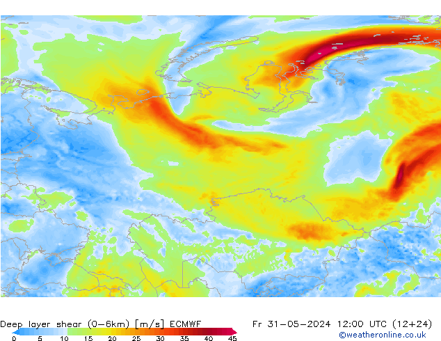 Deep layer shear (0-6km) ECMWF  31.05.2024 12 UTC