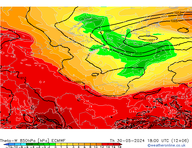 Theta-W 850hPa ECMWF czw. 30.05.2024 18 UTC