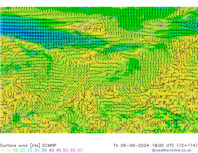 wiatr 10 m ECMWF czw. 06.06.2024 18 UTC