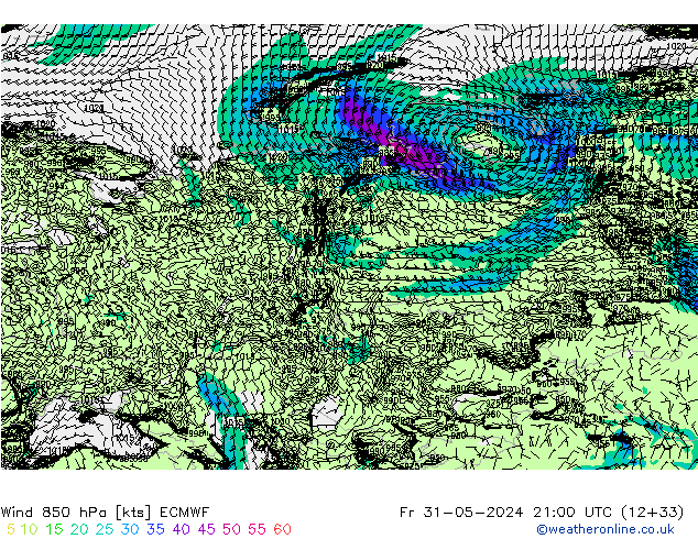 ветер 850 гПа ECMWF пт 31.05.2024 21 UTC