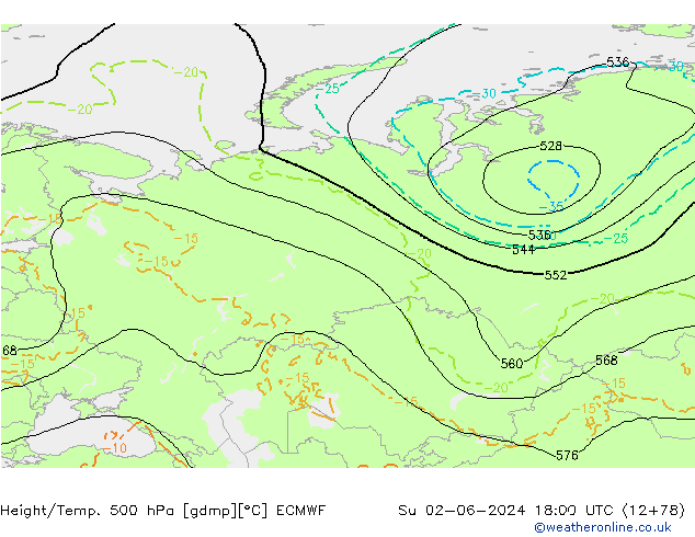 Height/Temp. 500 hPa ECMWF Su 02.06.2024 18 UTC