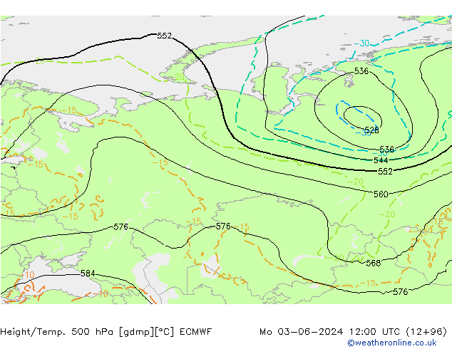 Height/Temp. 500 hPa ECMWF Seg 03.06.2024 12 UTC