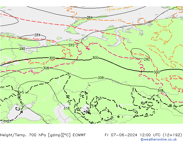 Geop./Temp. 700 hPa ECMWF vie 07.06.2024 12 UTC