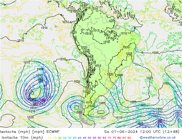 Isotachen (mph) ECMWF za 01.06.2024 12 UTC