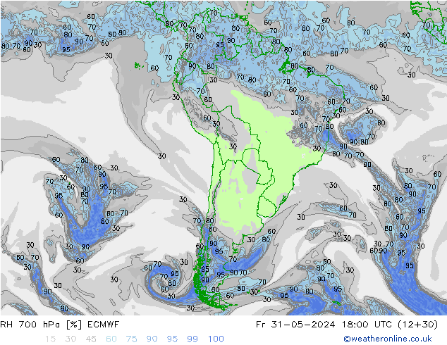 RH 700 гПа ECMWF пт 31.05.2024 18 UTC