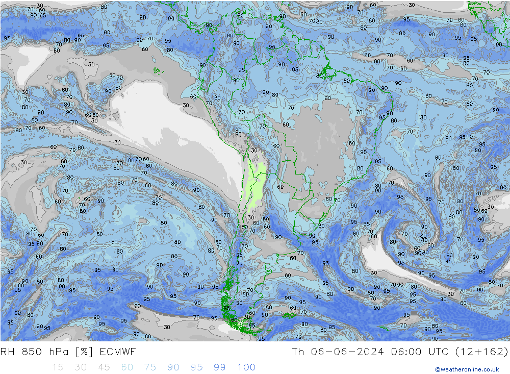 RH 850 hPa ECMWF czw. 06.06.2024 06 UTC