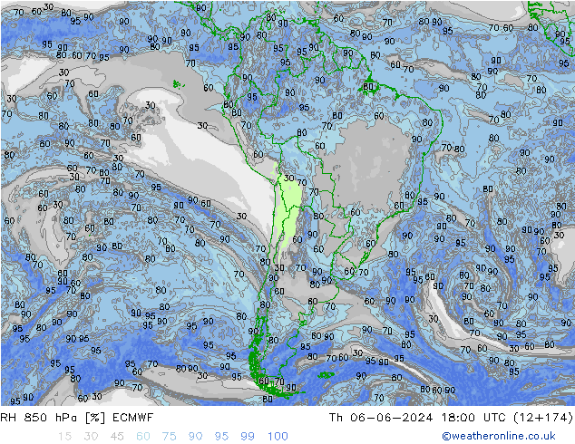 RH 850 гПа ECMWF чт 06.06.2024 18 UTC