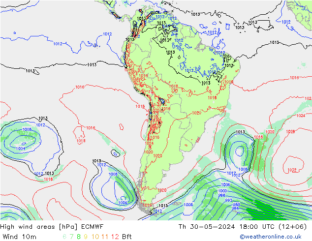High wind areas ECMWF jue 30.05.2024 18 UTC