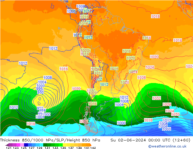 Thck 850-1000 гПа ECMWF Вс 02.06.2024 00 UTC