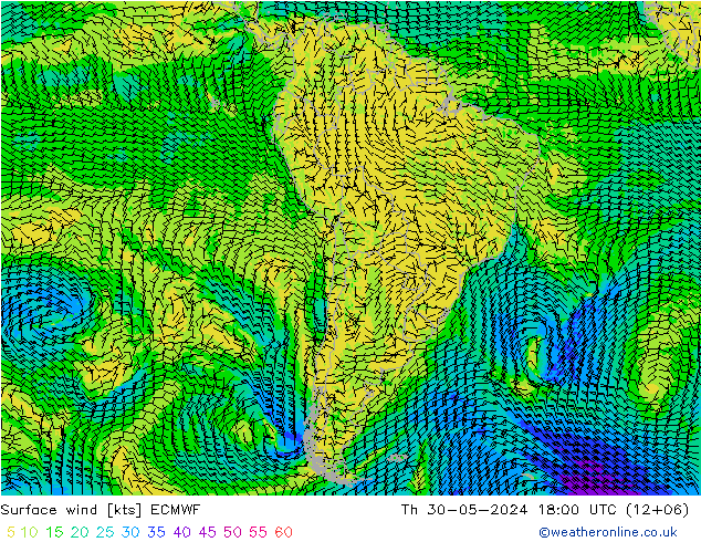 Surface wind ECMWF Čt 30.05.2024 18 UTC