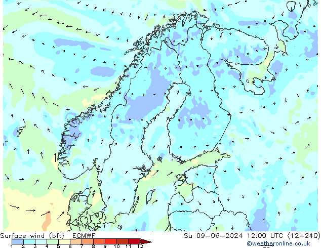 wiatr 10 m (bft) ECMWF nie. 09.06.2024 12 UTC