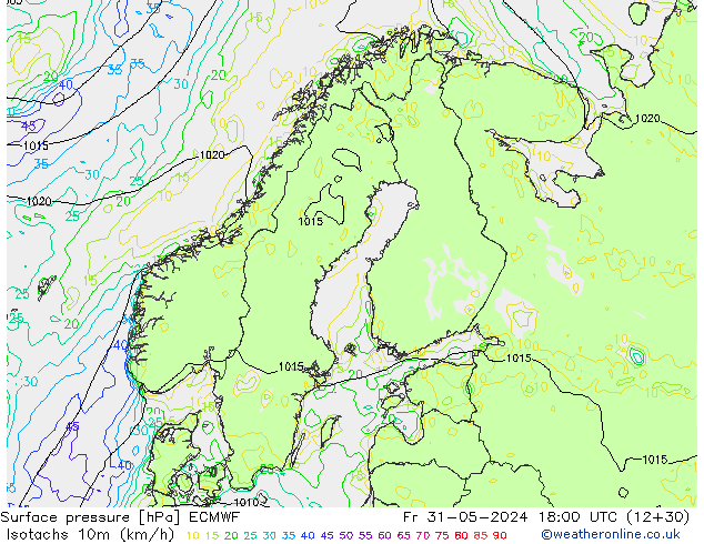 Isotaca (kph) ECMWF vie 31.05.2024 18 UTC