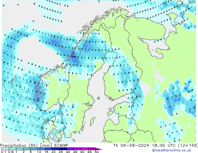 Precipitation (6h) ECMWF Čt 06.06.2024 00 UTC