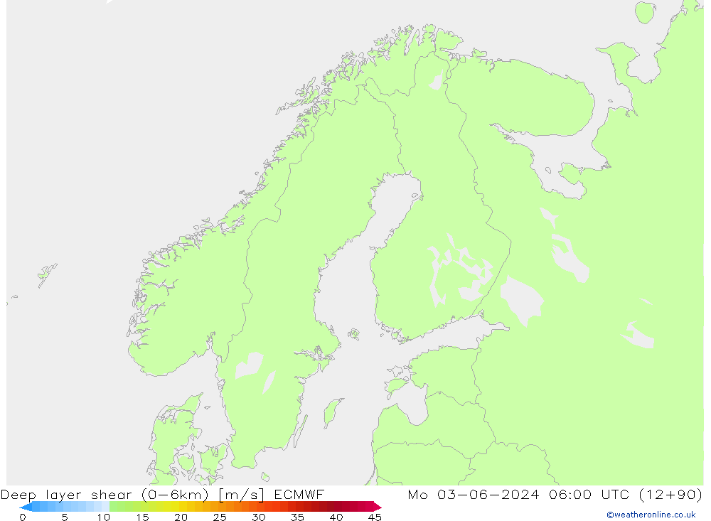 Deep layer shear (0-6km) ECMWF Po 03.06.2024 06 UTC