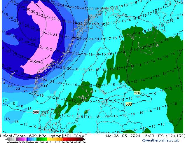 Z500/Rain (+SLP)/Z850 ECMWF Mo 03.06.2024 18 UTC