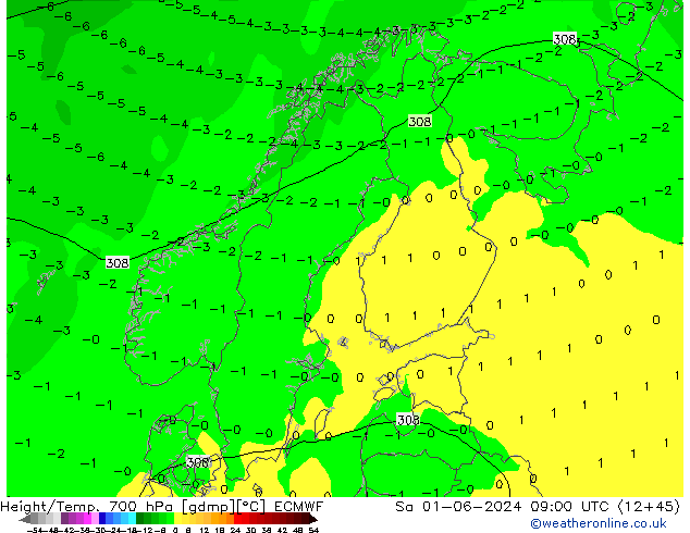 Height/Temp. 700 hPa ECMWF Sáb 01.06.2024 09 UTC