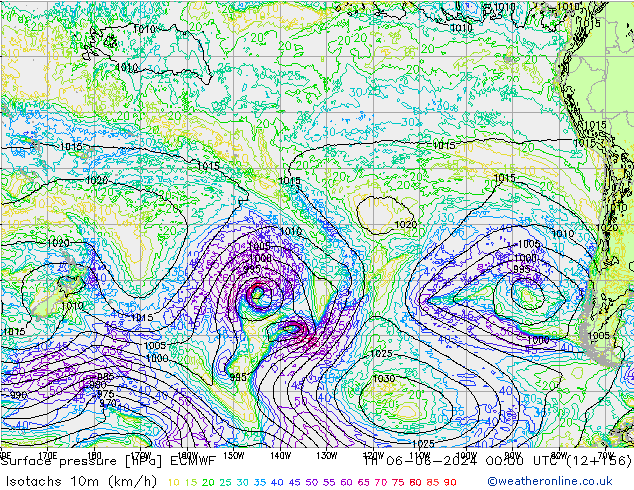 Isotachs (kph) ECMWF Čt 06.06.2024 00 UTC