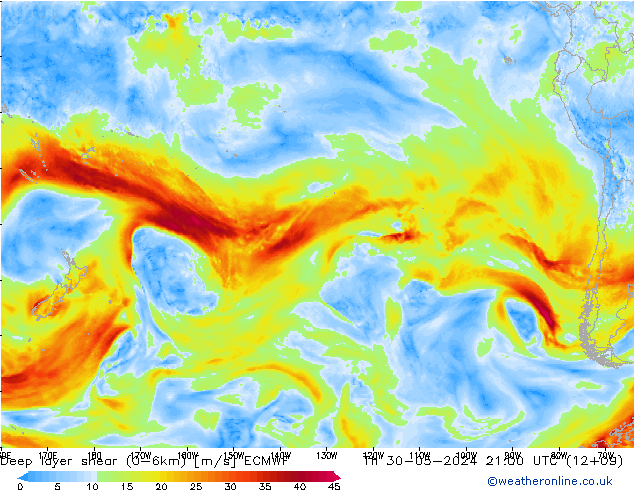 Deep layer shear (0-6km) ECMWF do 30.05.2024 21 UTC