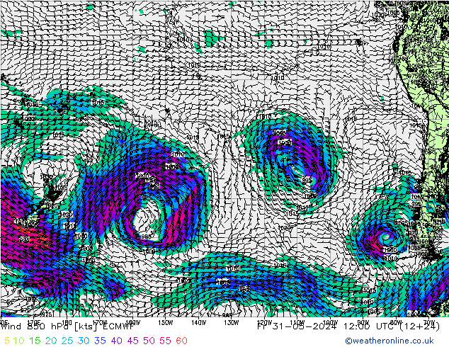 Rüzgar 850 hPa ECMWF Cu 31.05.2024 12 UTC