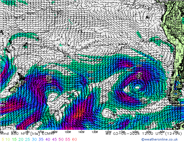 Vento 850 hPa ECMWF lun 03.06.2024 12 UTC