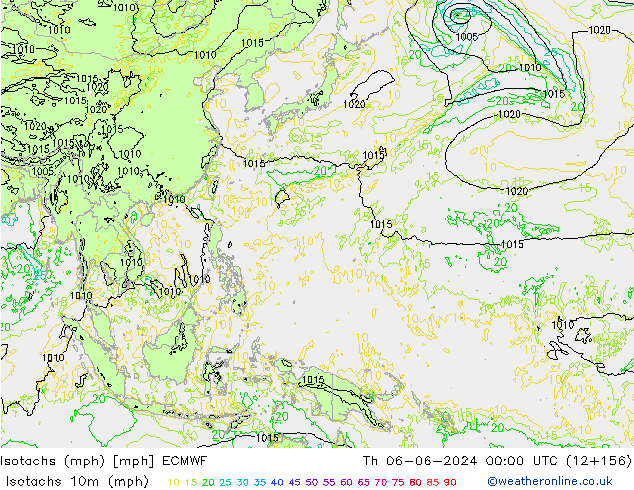 Isotaca (mph) ECMWF jue 06.06.2024 00 UTC