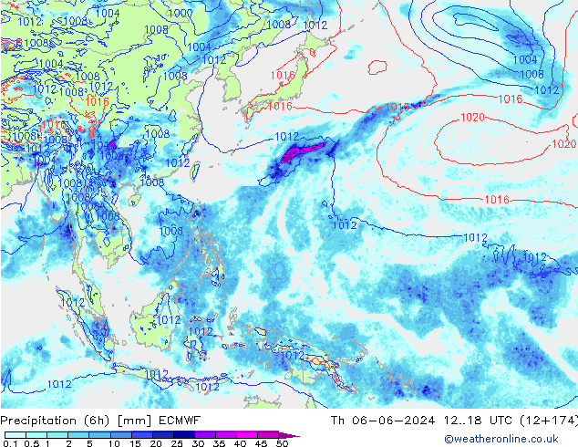 Precipitation (6h) ECMWF Čt 06.06.2024 18 UTC