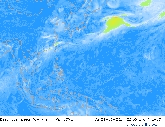 Deep layer shear (0-1km) ECMWF Sa 01.06.2024 03 UTC