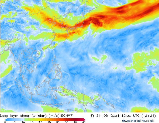 Deep layer shear (0-6km) ECMWF Fr 31.05.2024 12 UTC