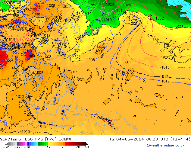 SLP/Temp. 850 hPa ECMWF mar 04.06.2024 06 UTC