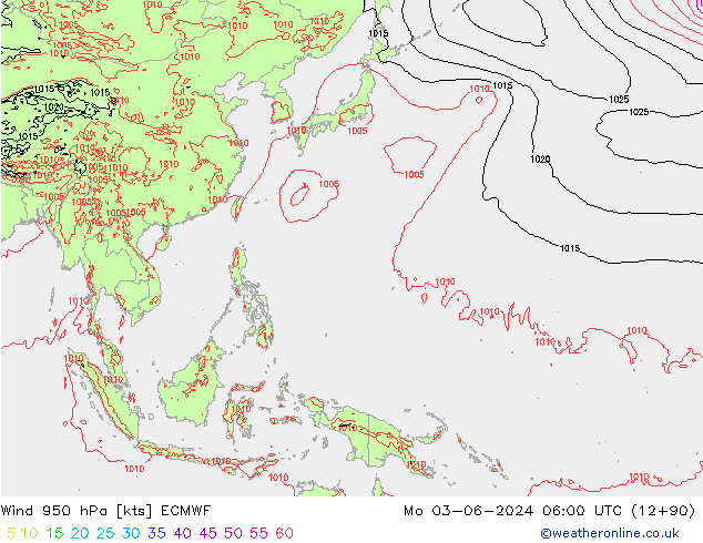 Vento 950 hPa ECMWF lun 03.06.2024 06 UTC