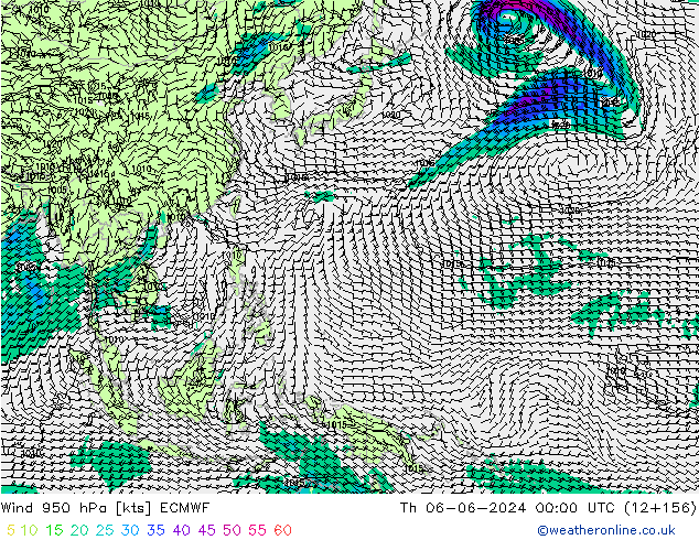 Wind 950 hPa ECMWF Th 06.06.2024 00 UTC